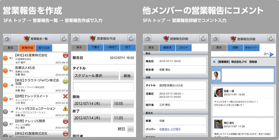 外出先からの営業報告で課題の早期共有化が実現、残業時間の削減にも!