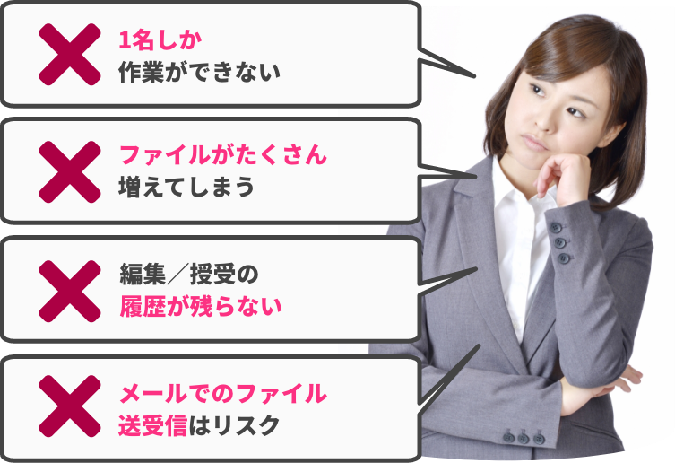 ・1名しか作業ができない　・編集／授受の履歴が残らない　・ファイルがたくさん増えてしまう　・メールでのファイル送受信はリスク・・・