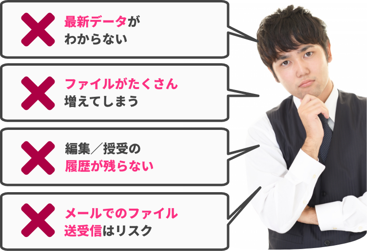 基本取引契約書、NDA、代理店契約書etc…種類がありすぎて管理が煩雑　契約更新時期のアラートがなく、更新漏れが度々発生　PCに詳しい社員がおらず、デジタル化が進まない　社長に「あの契約書の内容確認したいんだけど！」と言われた時探すのに一苦労